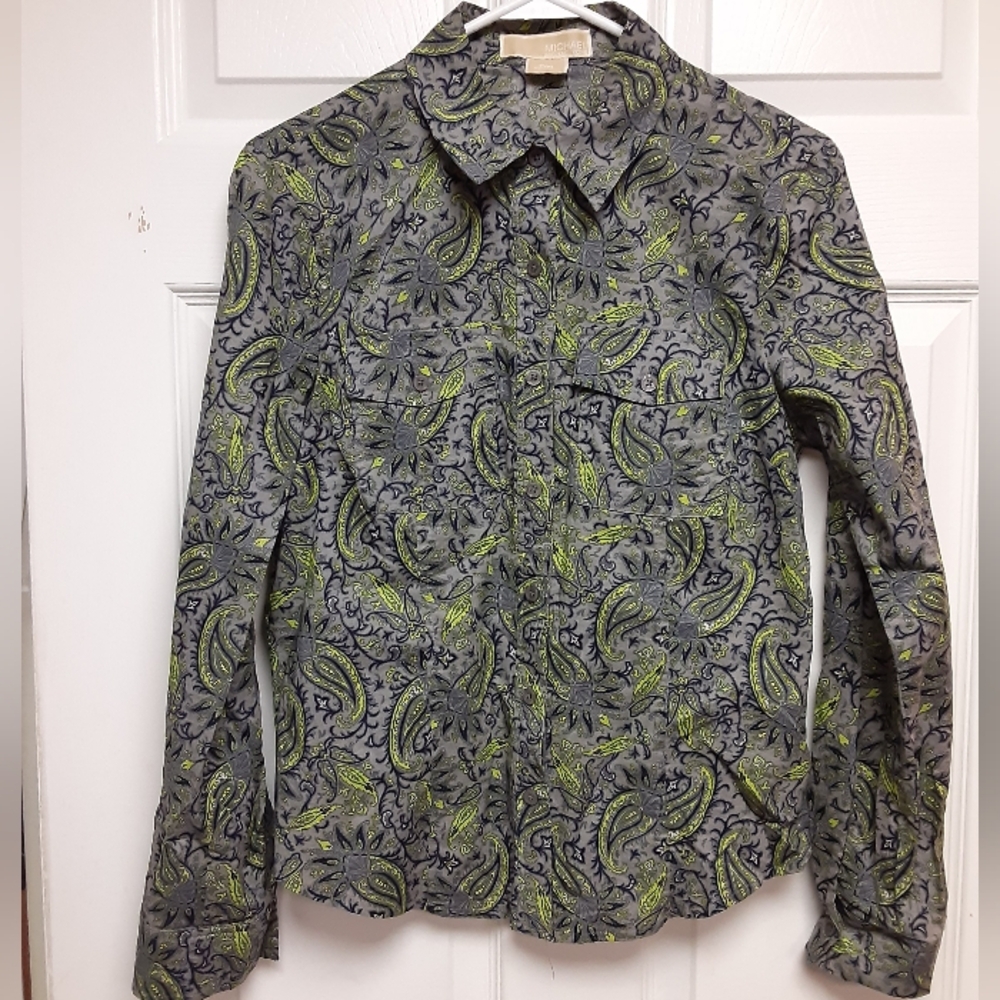 Michael Michael Kors Woman Petite Paisley Gray Green Long Sleeve Button-Up Shirt